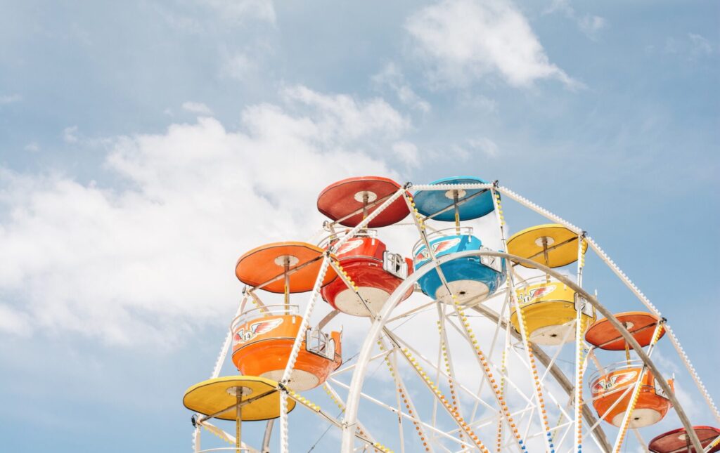 A close-up of a Ferris wheel