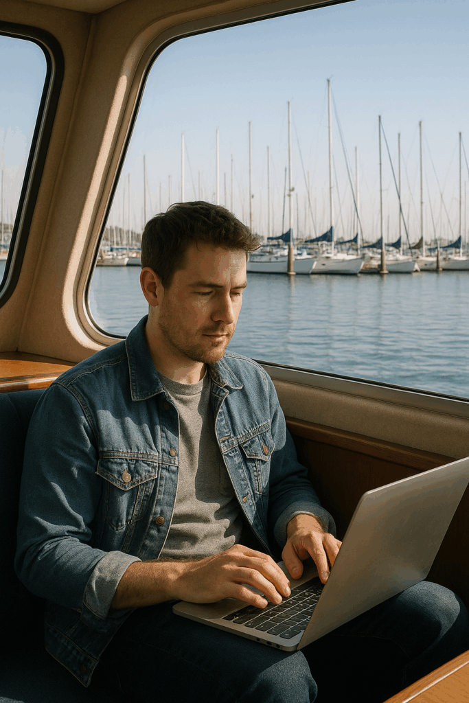 Man working from houseboat